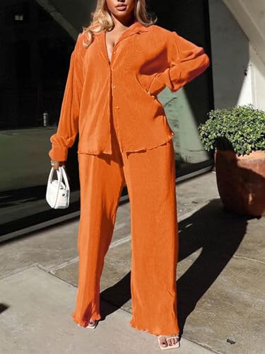 Women's Linen Two Piece Pants Set - Long Sleeve Button Down Shirt + Wide Leg Pants