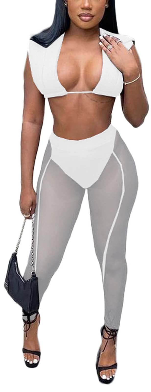 Sexy Sheer Mesh Two-Piece Outfits for Women: Sleeveless Crop Top and Long Pants Set for Clubwear