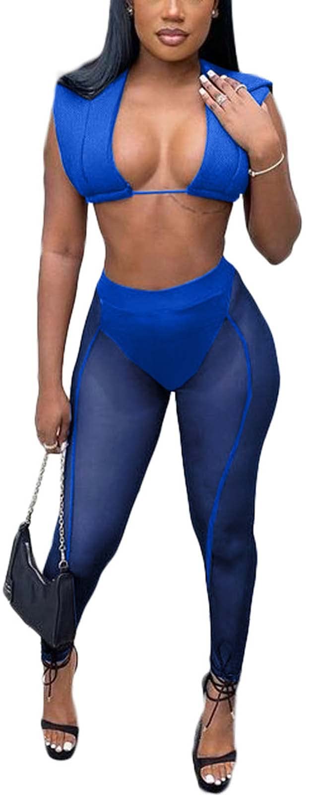 Blue Sheer Mesh Two-Piece Set for Women - Sleeveless Crop Top and Long Pants - Size XL - Clubwear