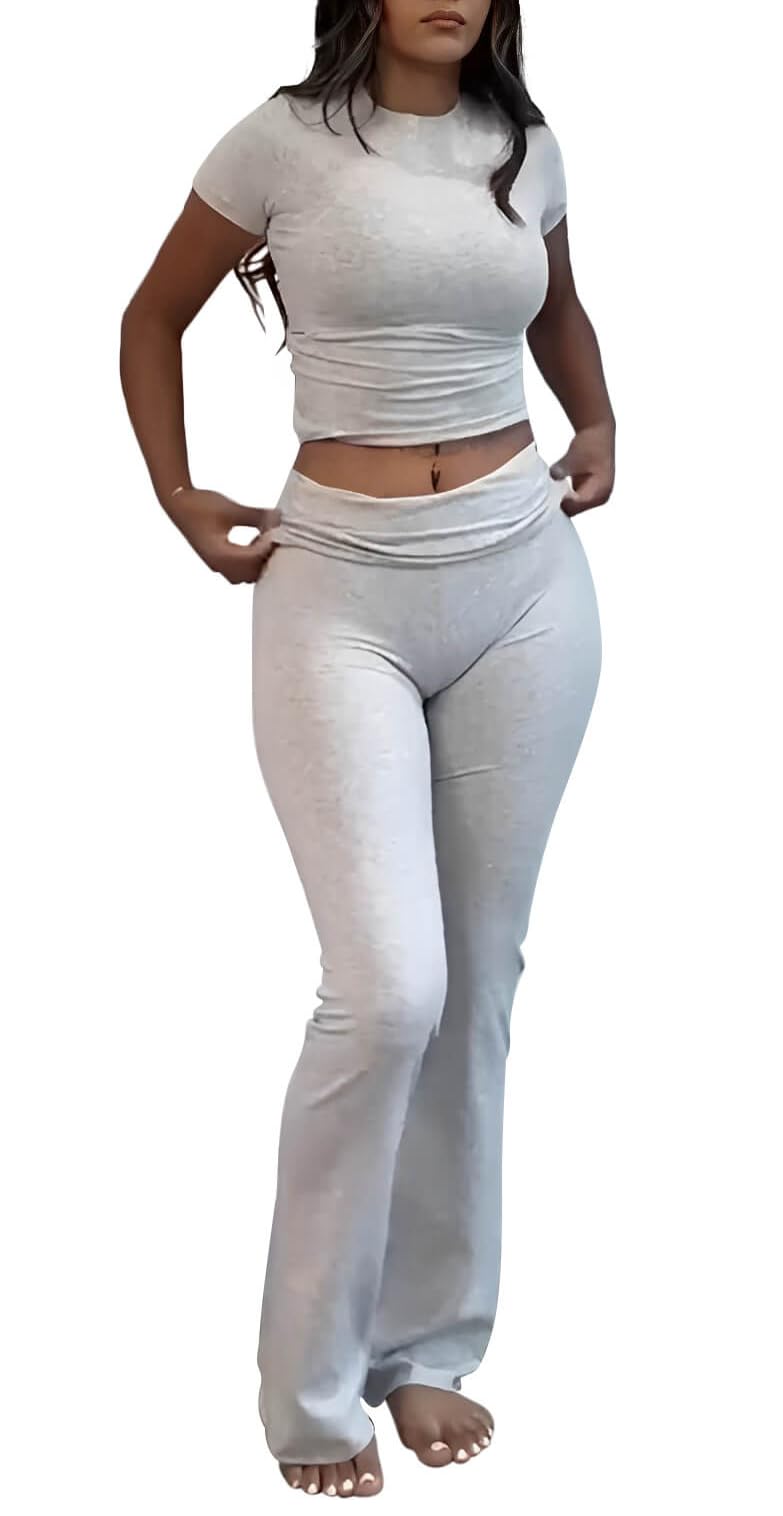 Women's Casual Crop Top & High Waist Flare Pants Workout Set