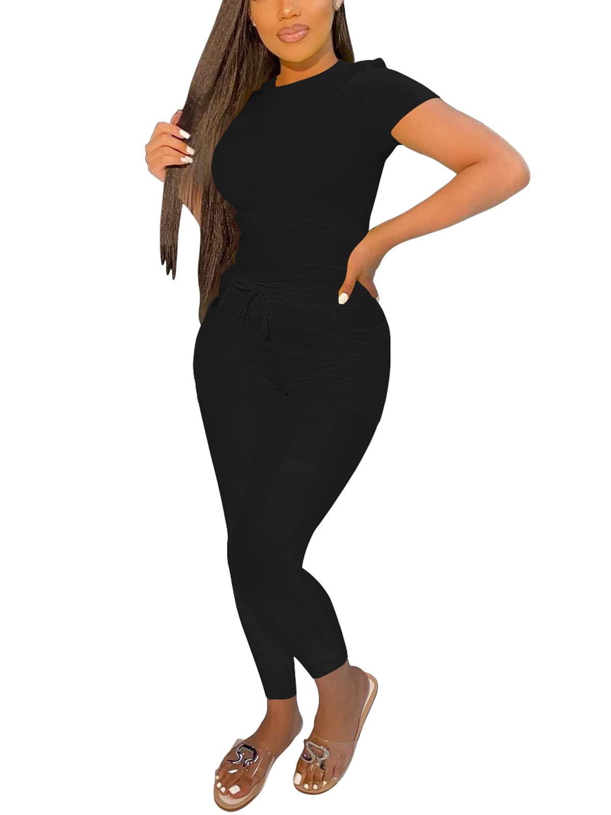 Nimsruc Women's Summer Biker Shorts Matching Bodycon Sets Black