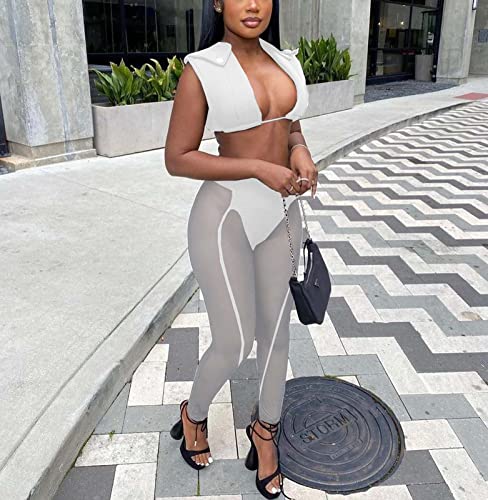 Sexy Sheer Mesh Two-Piece Outfits for Women: Sleeveless Crop Top and Long Pants Set for Clubwear