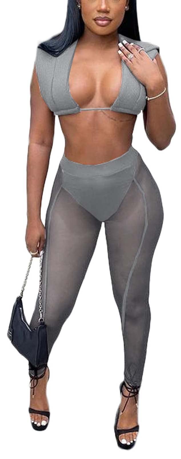 Sheer Mesh Two Piece Clubwear Outfit for Women - Grey XXL
