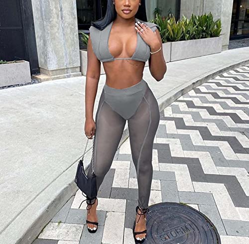 Sheer Mesh Two Piece Clubwear Outfit for Women - Grey XXL