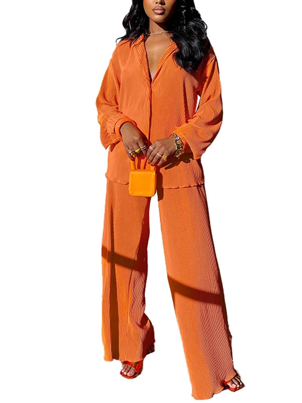 Women's Linen Two Piece Pants Set - Long Sleeve Button Down Shirt + Wide Leg Pants