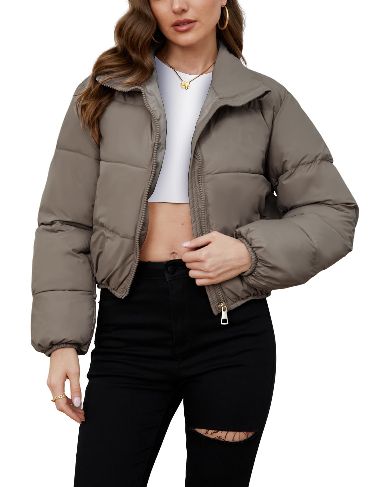 Gihuo Women's Cropped Puffer Jacket Full Zip Quilted Coat